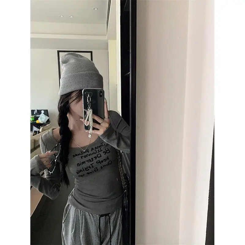 فتاة منخفضة العنق U طوق طويلة الأكمام تي شيرت الزراعة الذاتية مثير لينة لزجة ملابس داخلية موضة هوتي الخريف بلايز بالجملة