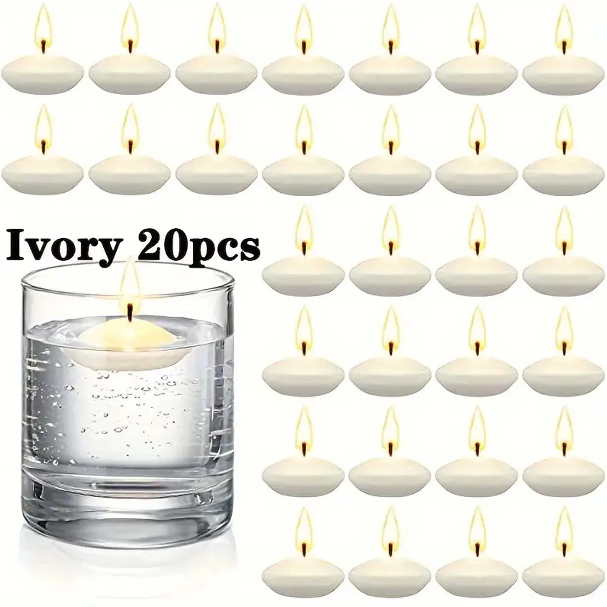 20 stuks ivoor drijvende kaarsen, ongeparfumeerd druppelloos, voor bruiloften, Kerstmis, verjaardagsfeestje, cilindervazen en huisdecoratie