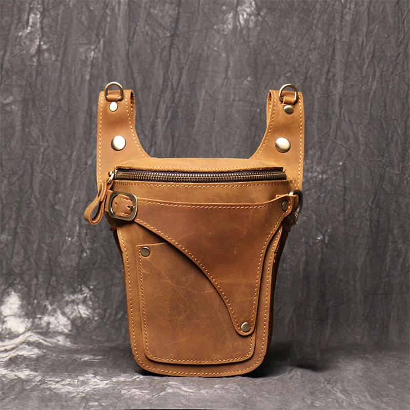 

Men Crazy Horse Leather Motorcycle Belt Bag Men's Genuine Waist Packs Male Vintage Hip Bum Running