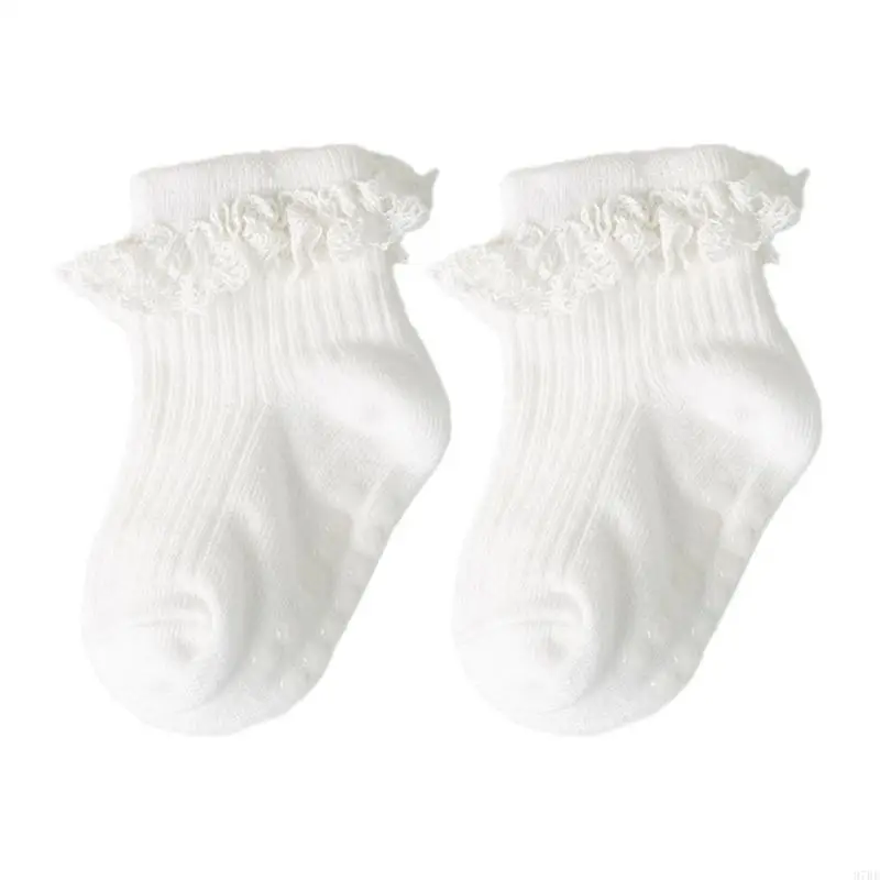 97BE 0-6 Months Baby Cotton Socks Princess Girls Ruffled Lace Ankle Socks Strong Grips Short Calf Socks for Daily Wearing