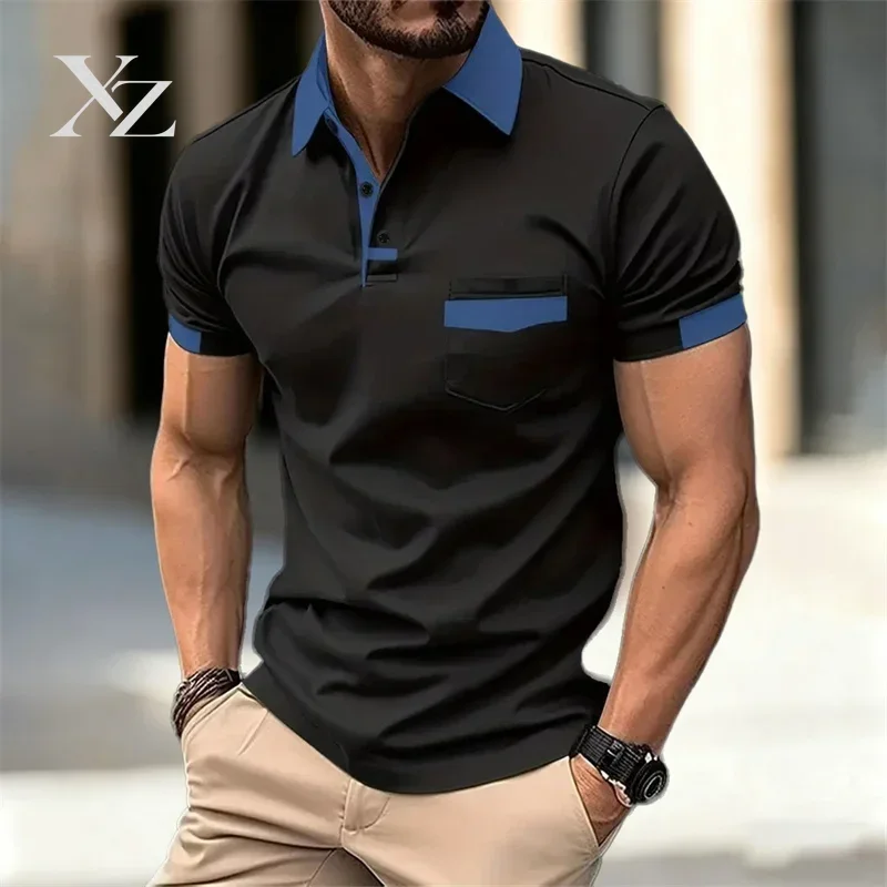 Men's Color-Blocked Short-Sleeved Polo Shirt with Lapel & Pocket, Slim Fit Casual/Business, 6 Colors