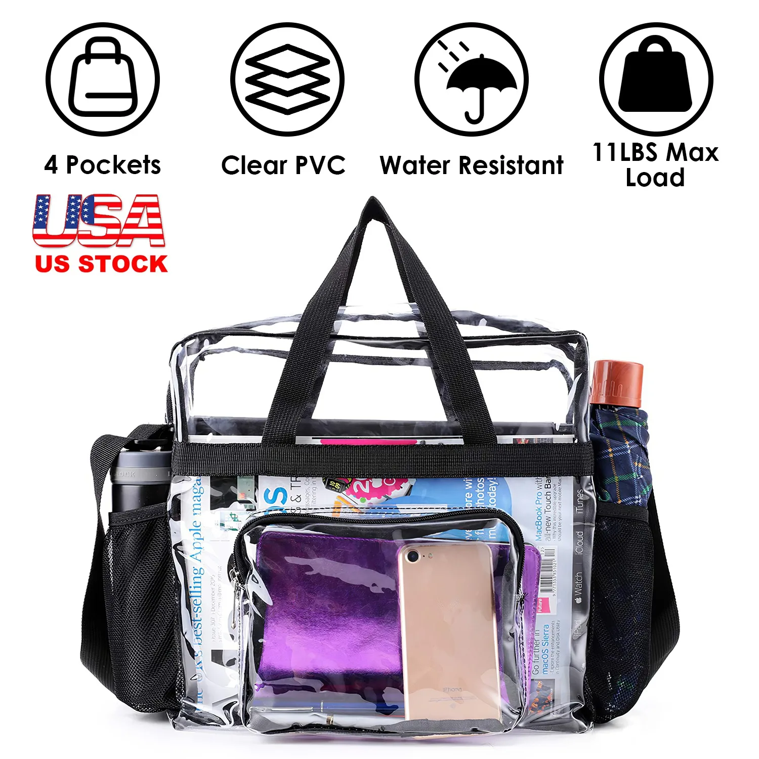 

Stadium Approved Clear Crossbody Bag for Women Men Transparent Shoulder Purse See Through Tote Handbag for Concert Sports Events Work School Heavy Duty Waterproof PVC Travel Bag US Stock Fast Delivery