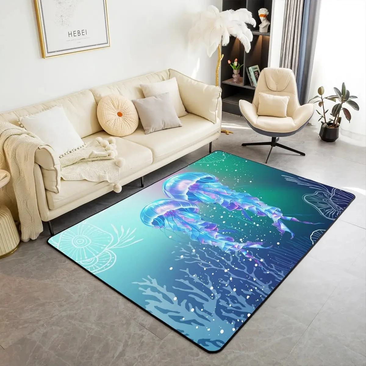 Cute Jellyfish Area Rug Kids Ocean Creature Carpet for Boys Girls Teens Ocean Theme Marine Animals Indoor Floor Mat Room Decor