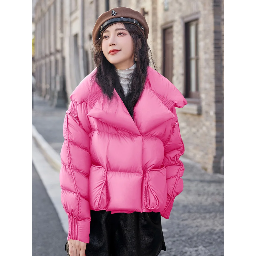 Winter Women\'s Jackets Autumn and Winter Solid Color Short Down Jacket Fashion Large Lapel Short  Thicken Warm White Duck Down