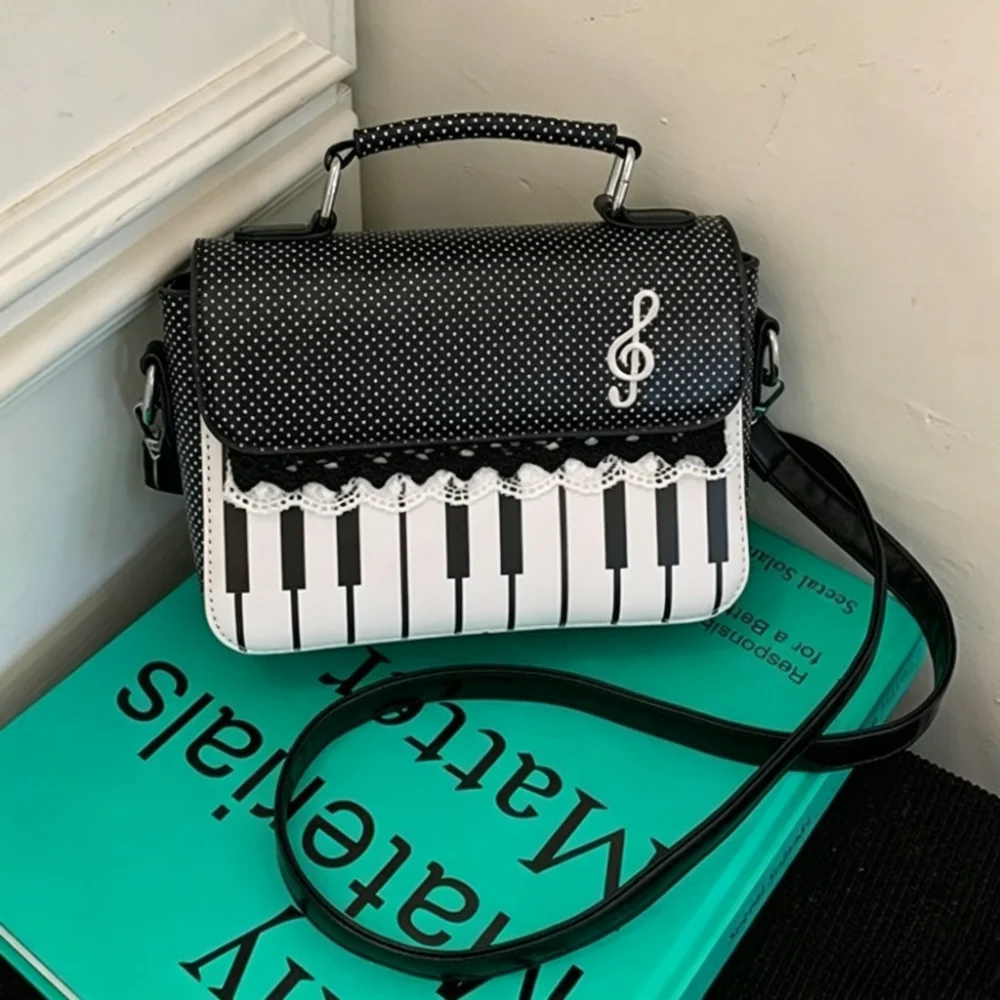 PU Leather Piano Note Crossbody Bag Polka Dot Contrast Color Square Shoulder Bag Flip Zipper Embroidered Handbag Shopping