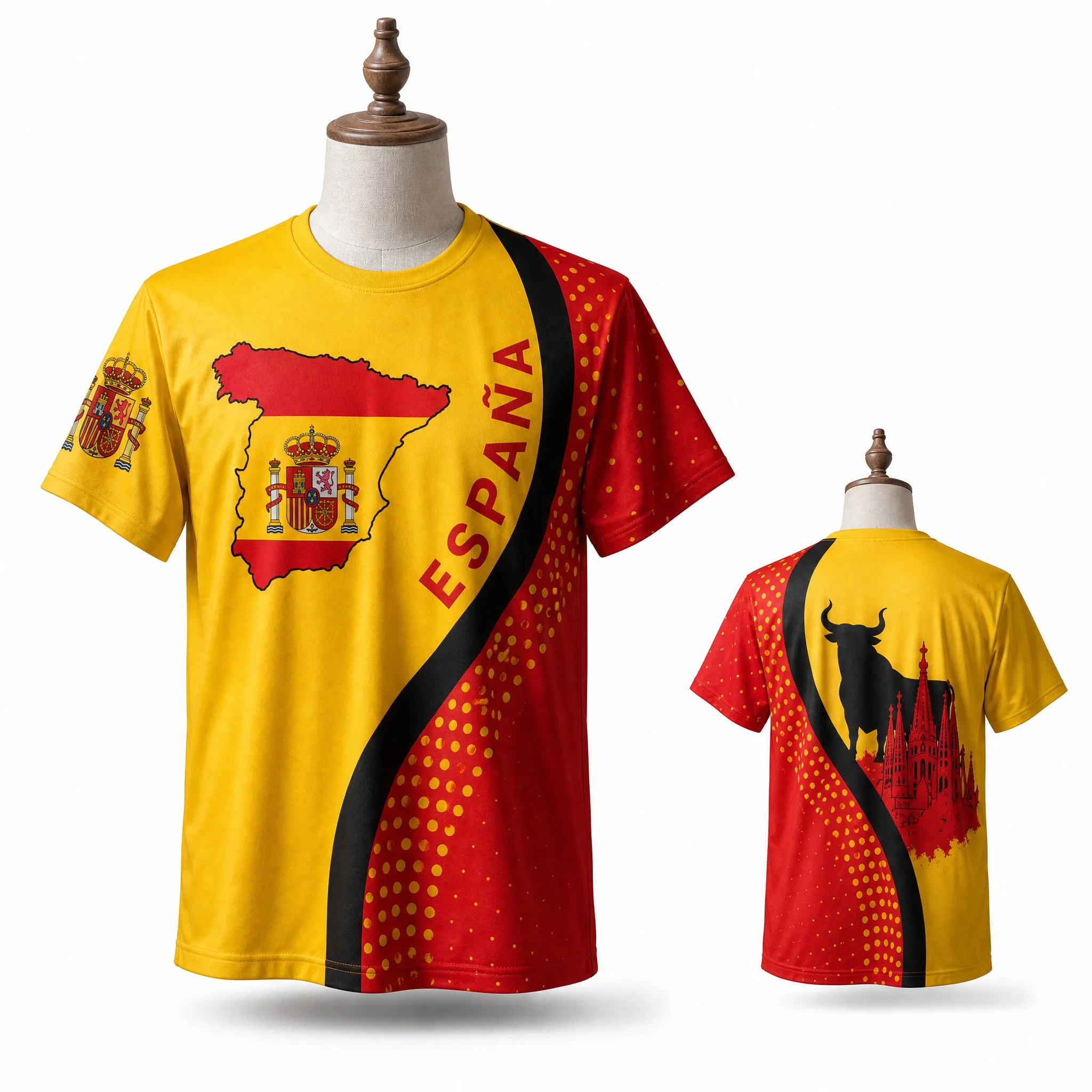 Mens Crew Neck Short Sleeve Spain Graphic T Shirt Yellow Red Map Crest Bull Back Print Casual Summer Heritage Top Wear Daily Top
