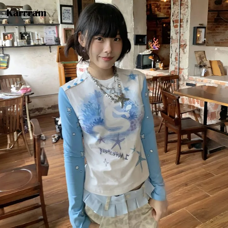 Karrram Japanese Y2k Anime Print T-shirt Vintage 2000s Aesthetics Patchwork Top Fairycore Blue Long Sleeve T Shirt Lolita Kawaii