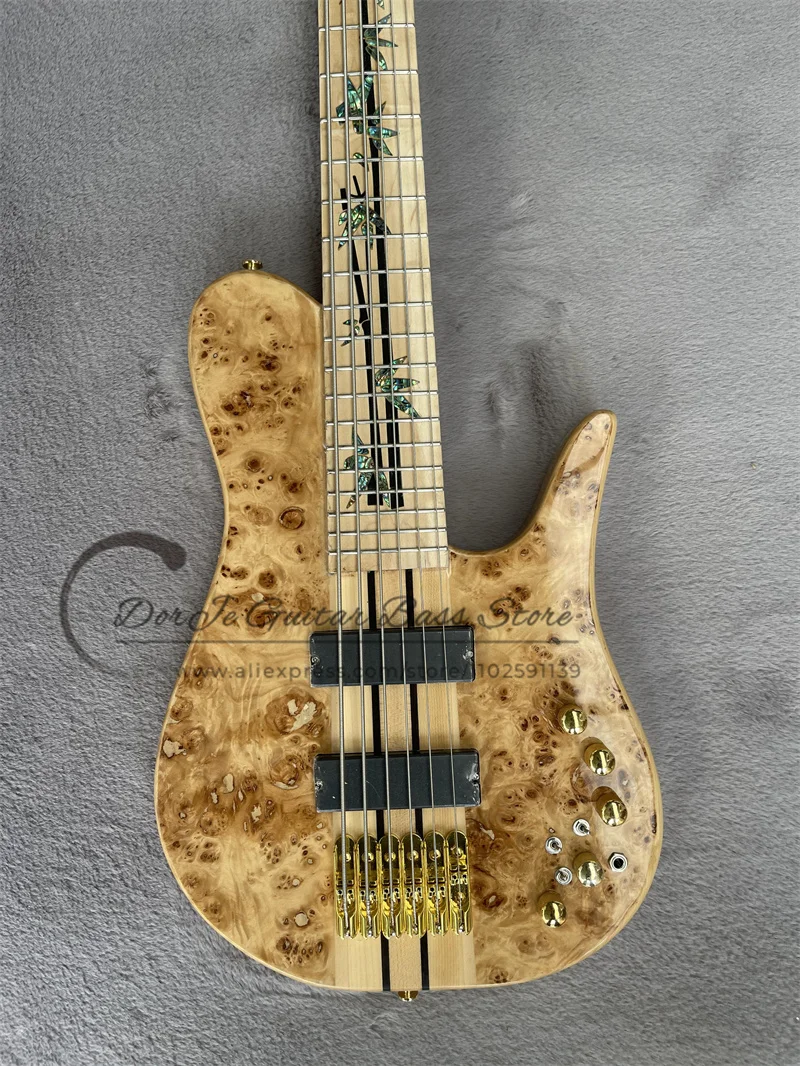 

Presale 6 Strings Bass Guitar Maple Neck Through ASH Fod Body Burl Maple Top Fixed Bridge Gold Tuners 18V Active Battery