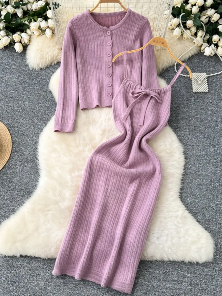 Women Cardigan Coat Knitted Midi Camisole Dresses Autumn Elegant 2-Piece Dress Set for Lady Slim Korean New Fashion Female Suits