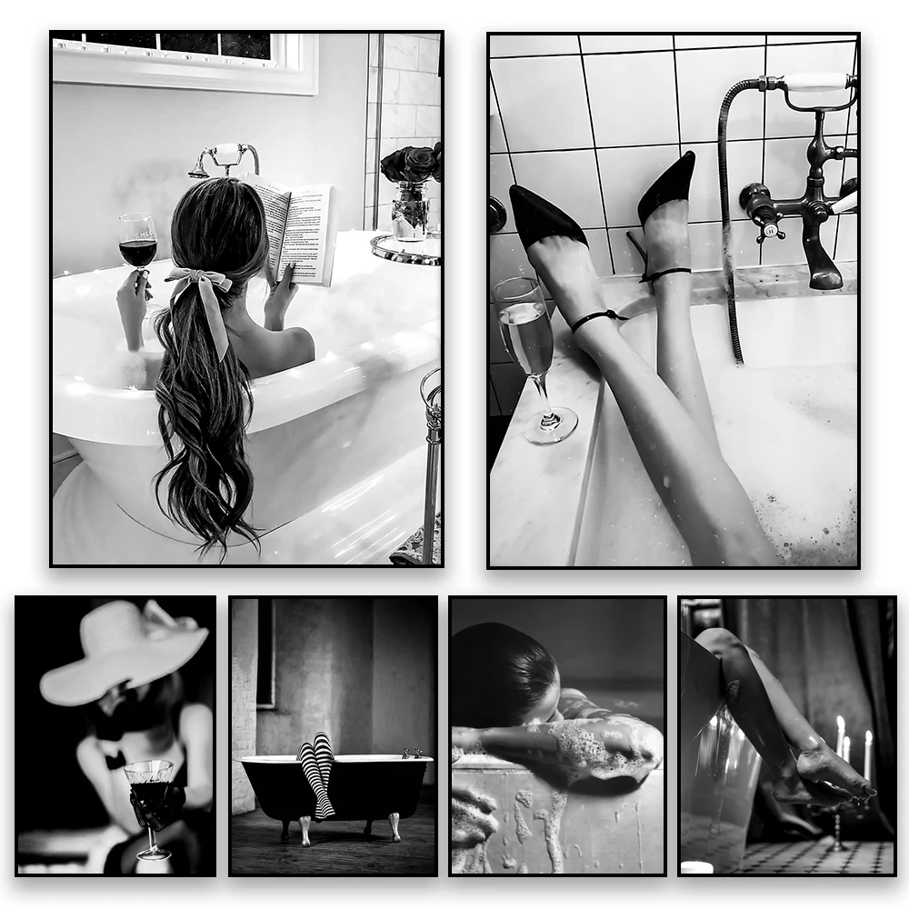 Woman in Bathtub Print Poster Black and White Woman Bathroom Canvas Painting Girls Vintage Wall Art Toilet Fashion Decoration