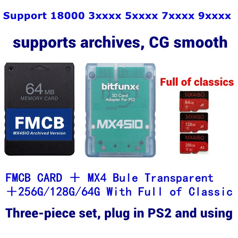 TF e adaptador de cartão SD para consolas PS2, cartão FMCB, ISO, escolha o pacote combinado, PS2, MX4SIO, SIO2SD, 256G, 128G, 64G