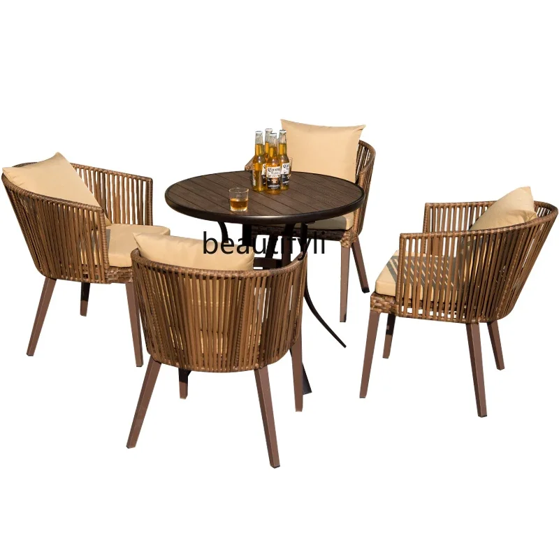 Outdoor table and chair combination courtyard garden terrace , rattan rattan chair plastic wood waterproof and sun protection