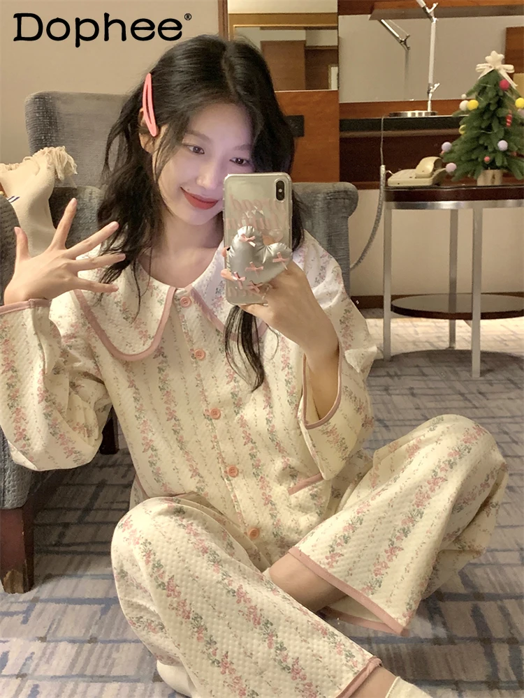 

Autumn Winter Pajamas for Women Gentle Small Floral Cute Doll Collar Thickened Homewear Set Suitable for Outerwear