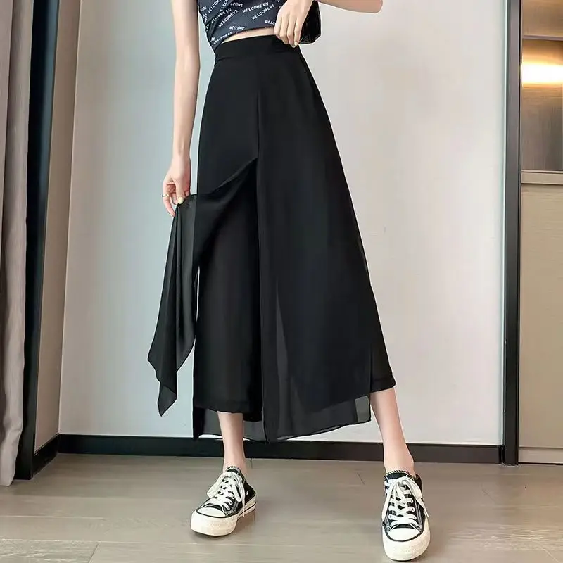 

Spring Summer New High Waist Slimming Wide Leg Pants Fake Two-Piece Asymmetrical Skirt Pants Chiffon Nine-Piece plus Size