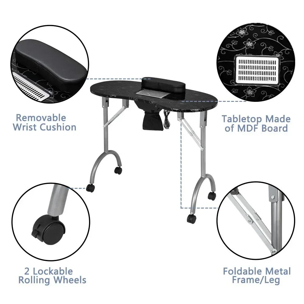 Manicure Nail Table w/Electric Dust Collector, Foldable MDF Laminated Home Nail Beauty Technician Desk