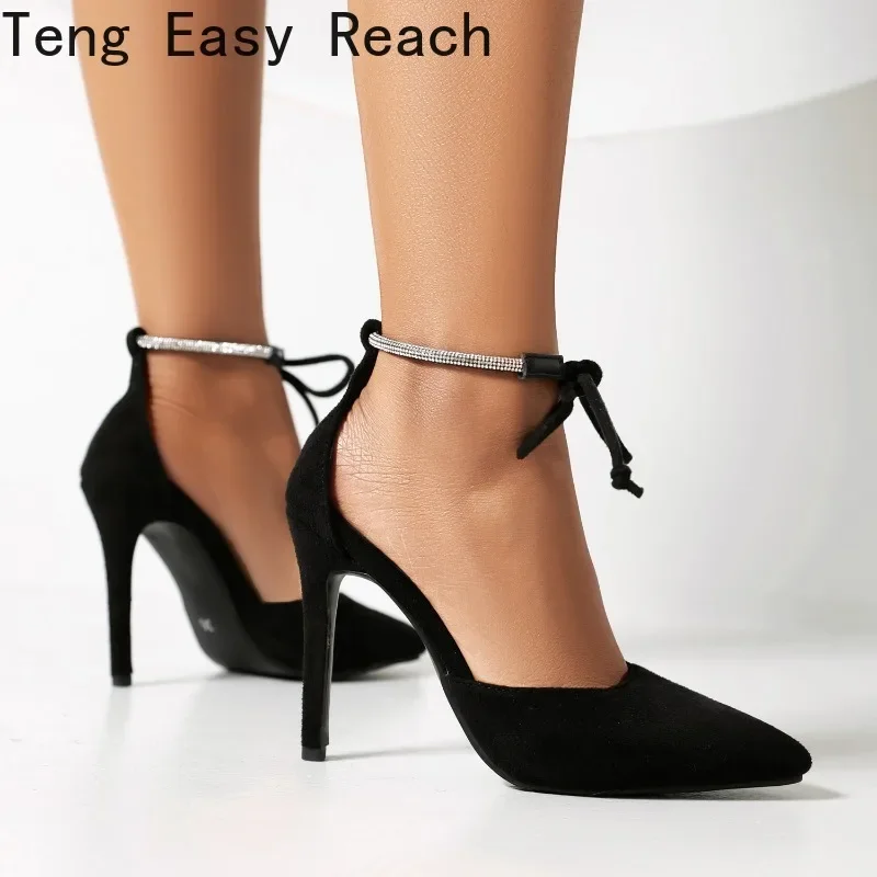 

2024 Summer Women's Pointy Stiletto Heels Sexy Black Lace-up Women's Bow Fashion Catwalk Banquet Heels Sizes 34-43