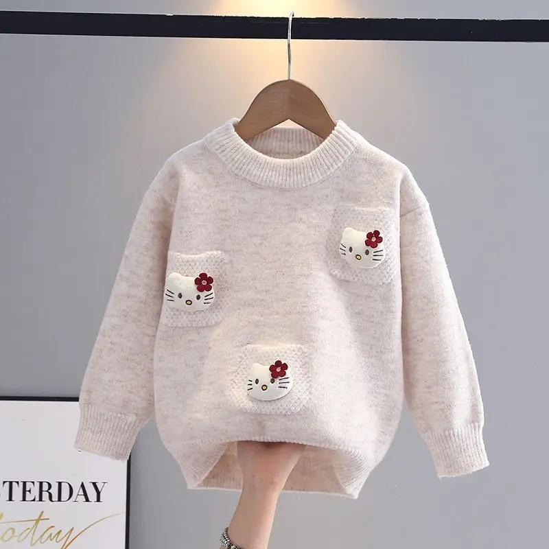 

Kawaii Sanrio Hello Kitty Girls' Sweaters Autumn Winter Thick Children's Pullover Round Neck Knitted Sweater Girls' Base Top