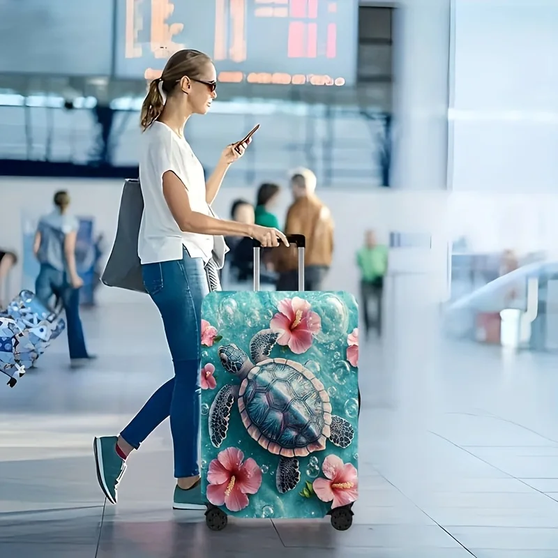 

Turtle-Print Luggage Cover—a dust-proof and stretchy travel accessory designed for suitcases ranging from 18 to 32 inches