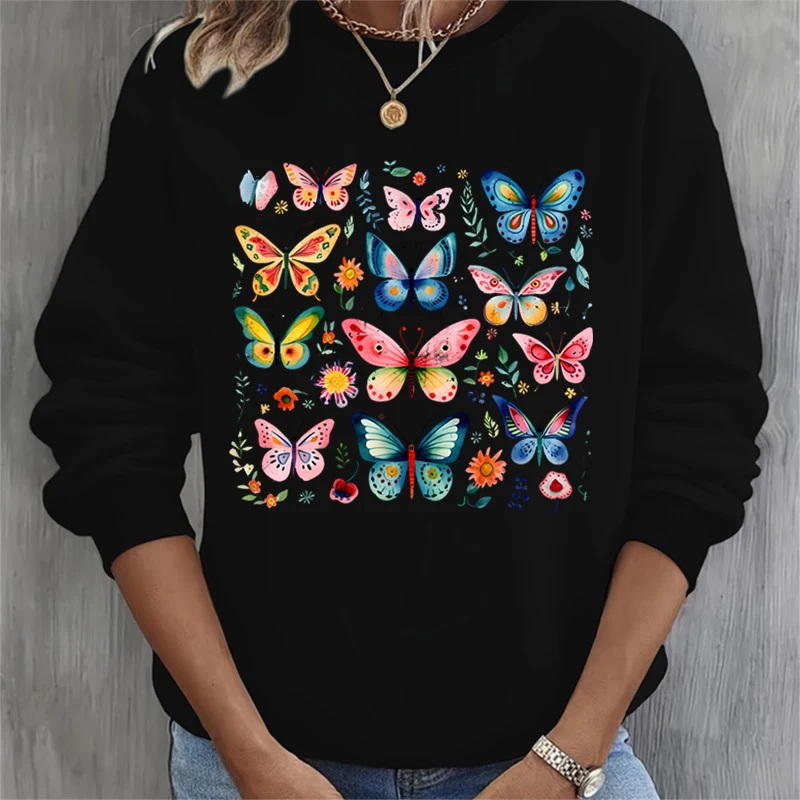 Colorful Butterfly Vintage Design Women Sweatshirt Beautiful Flower Butterfly Graphic Casual Sweatshirt Butterflies Print Hoodie