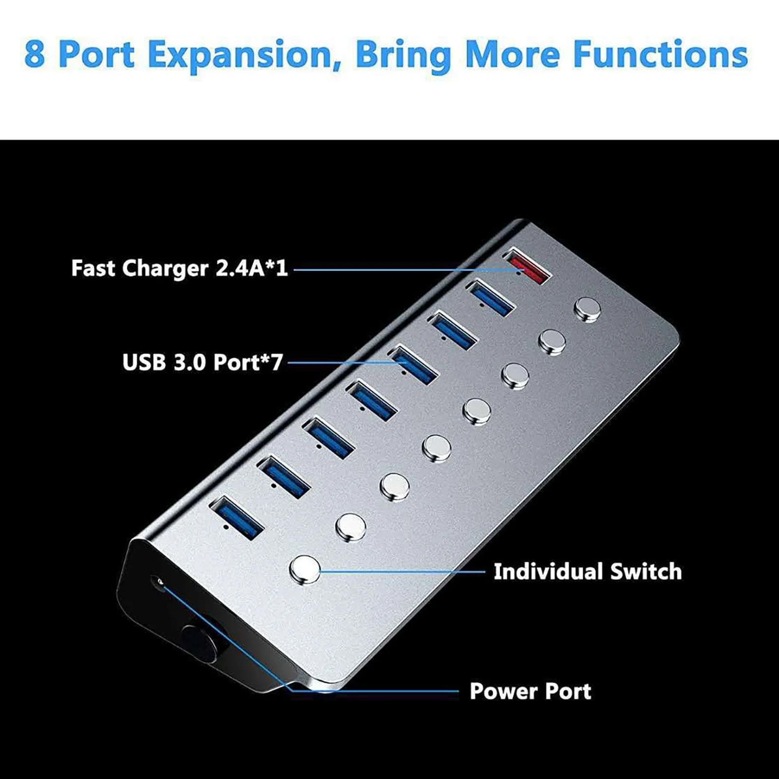 

A98Z USB Hub 7 Ports USB3.0 5Gbps+1XUSB Charging Port Hub Splitter Extension With Independent Switch External Power Supply