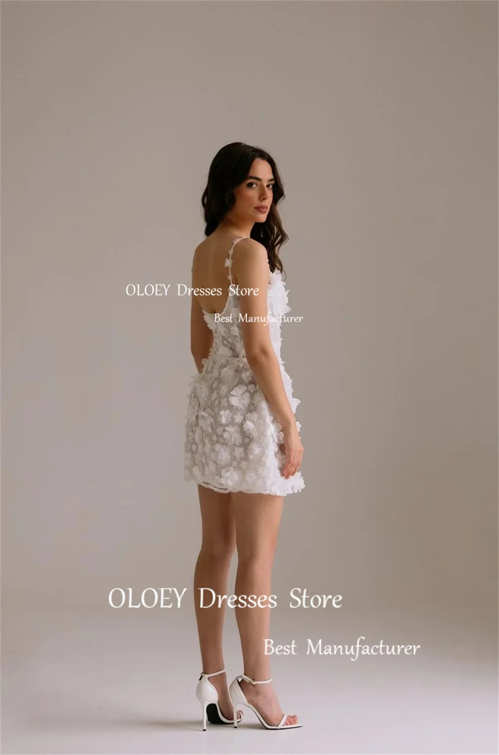 OLOEY-Robes de mariée à fleurs 3D exquises, photoshoot au-dessus du genou, patients chérie, quelles que soient les bretelles spaghetti, fermeture à glissière au dos