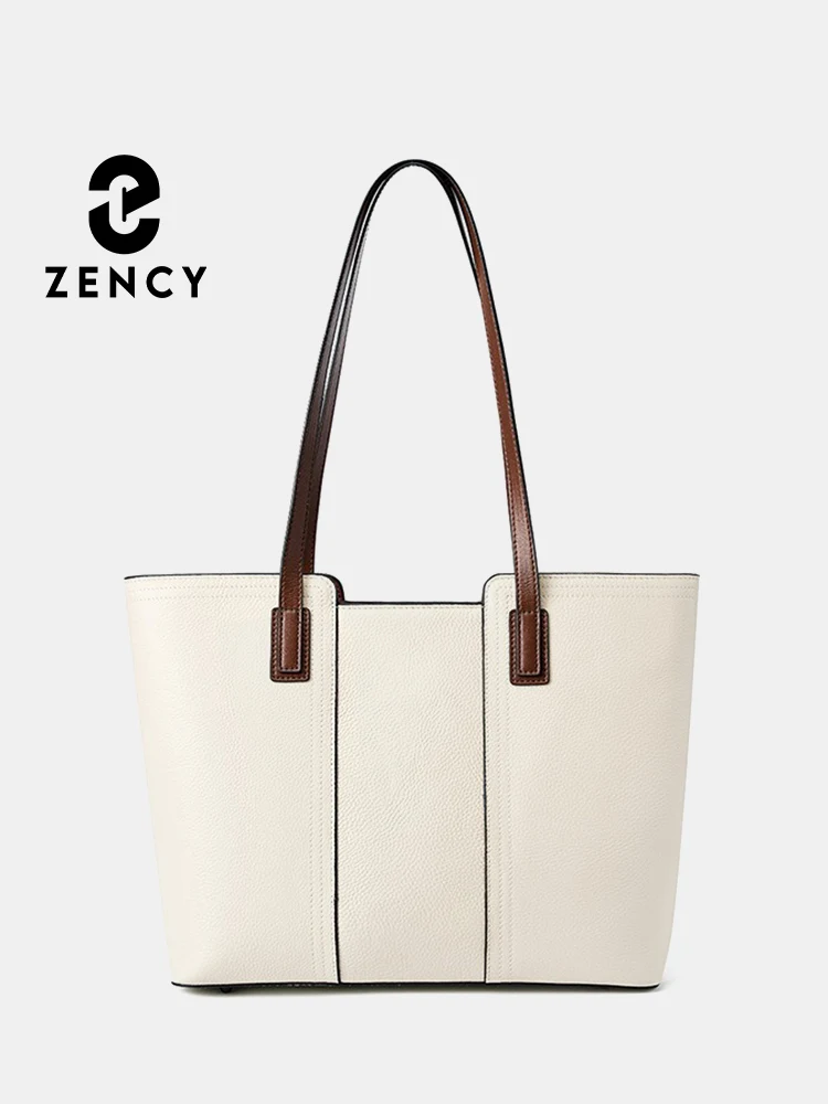 Zency 2024 Genuine Leather Women\'s Work Tote Bag Handbag Classic Elegant Beige Large Capacity Shopper Pocket Black Purse For A4