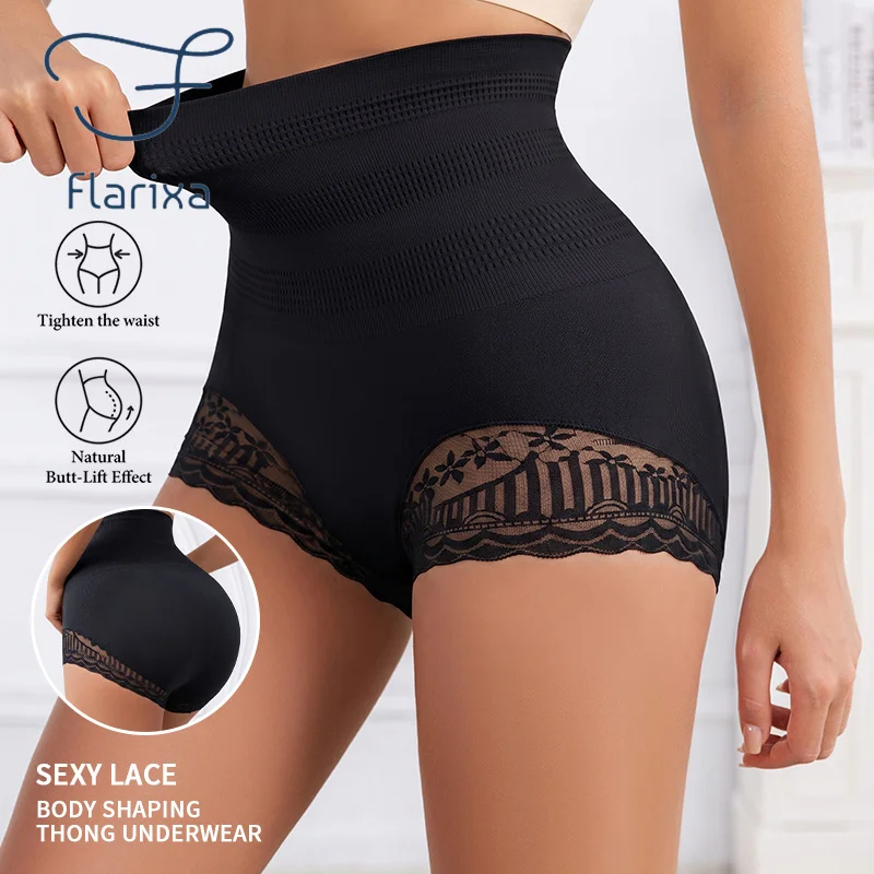 FLARIXA Damen High-Waist Spitzen-Shapewear-Höschen Nahtlose Bauchkontrolle Po-Lifter Unterwäsche Atmungsaktive Körperformende Shorts