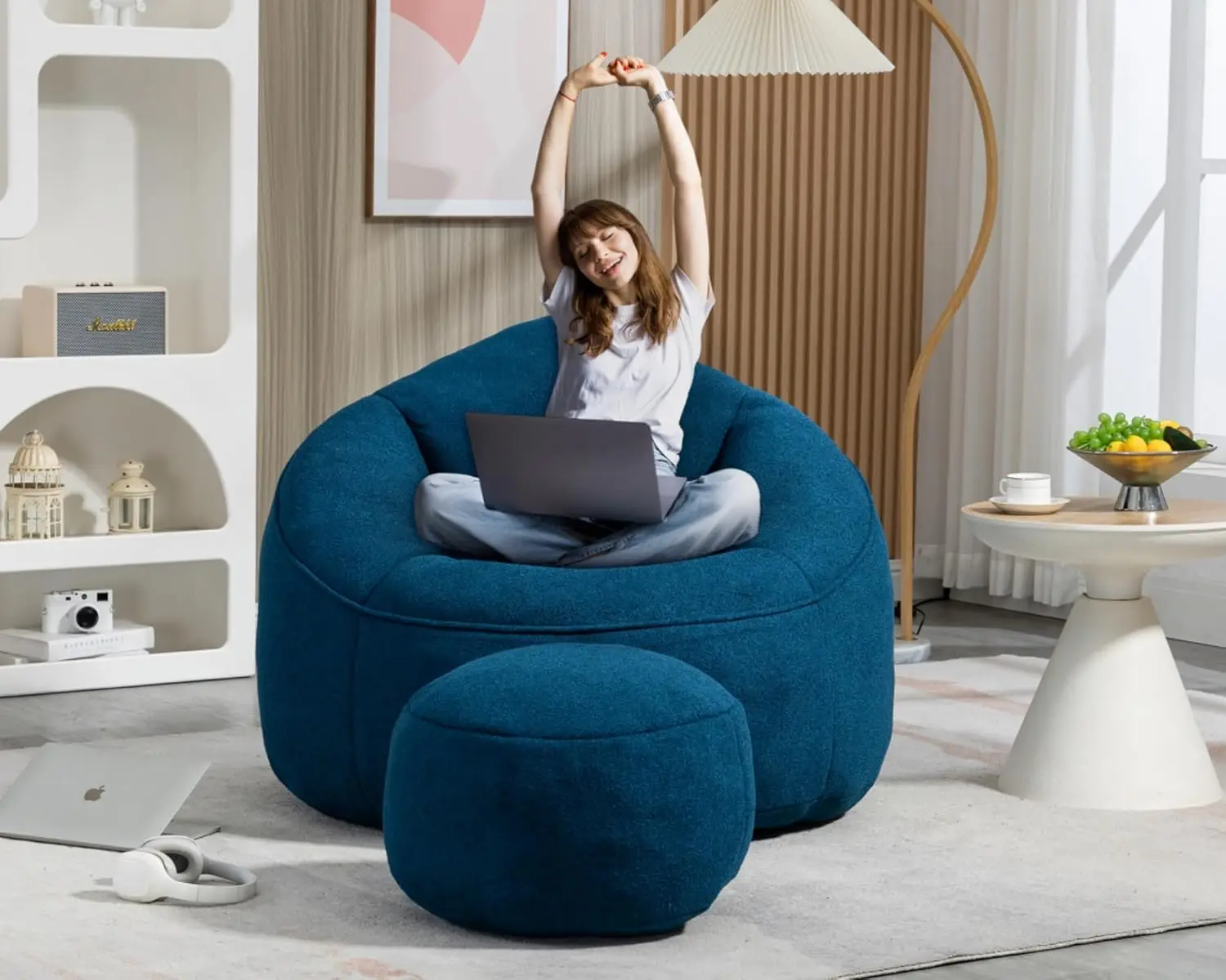 Hmfule Comfy Bean Bag Sofa Chair With Ottoman, Bean Bag Chair,Lazy Sofa High Pressure Foam, Modern Accent Bean Bag Chairs For