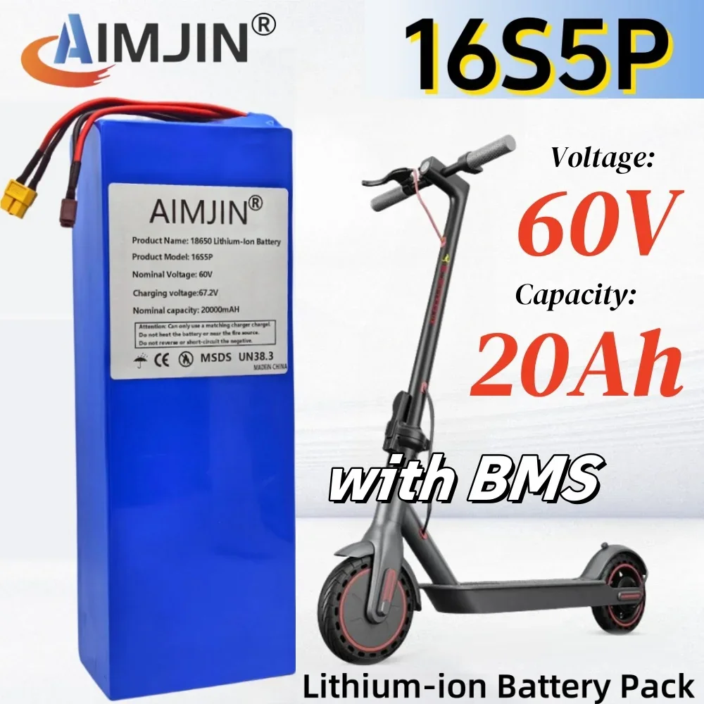 60V 16S5P 20Ah 18650 Rechargeable Li-ion Battery Pack 2000W  high-power with BMS for Motorcycle, Scooter, Bicycle