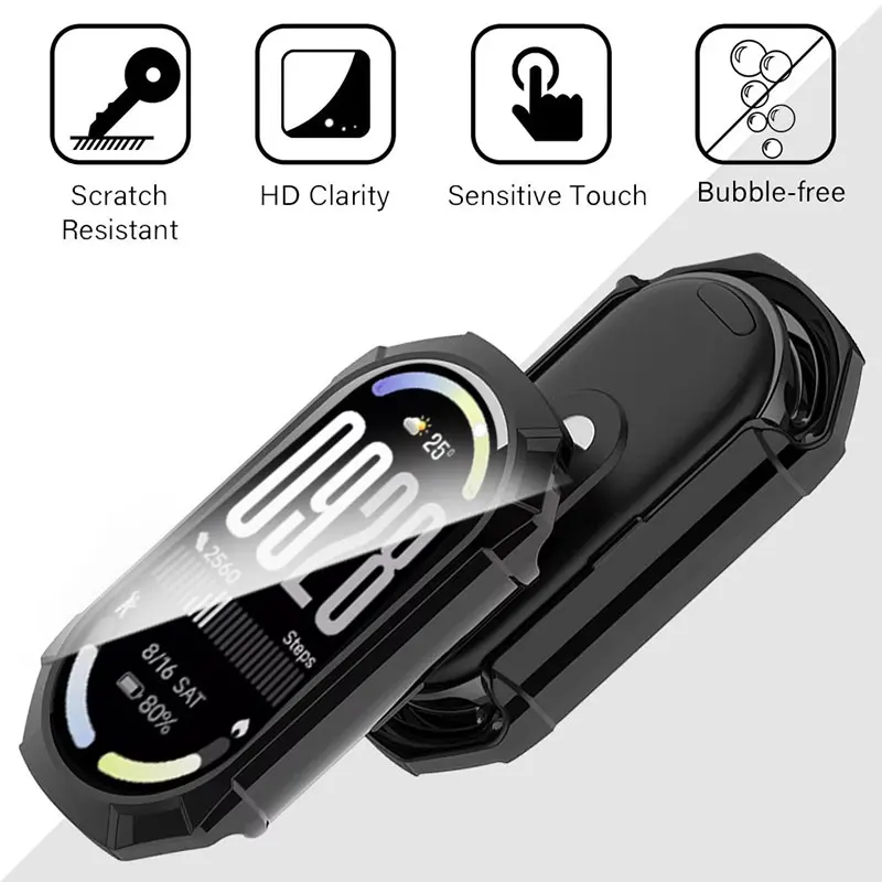 Película de vidrio templado + funda para Xiaomi Mi Band 10 9 8, carcasa protectora de pantalla de cubierta completa para Mi Band 8 9 10, accesorios para reloj inteligente