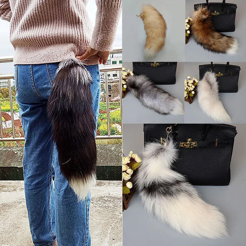 40cm Cute Wolf Fox Tail Fur Car Keychains For Women Men Pompom Pendant Key Ring Holder Fluffy Keychain Accessories Gift For Girl