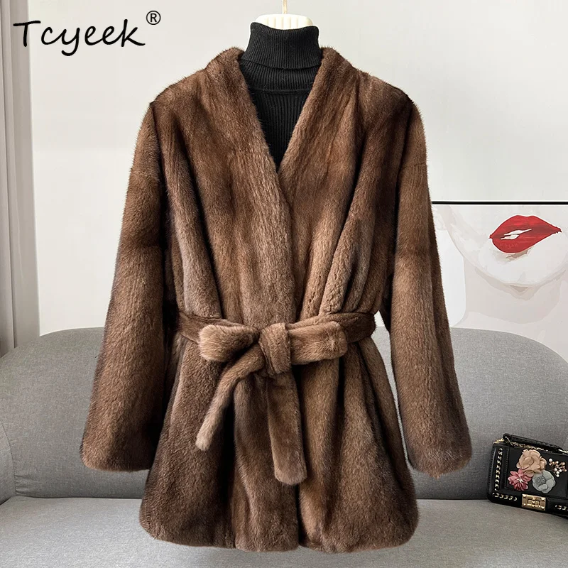 Tcyeek Natural Mink Fur Coat Women Winter Clothes Lace-up Real Fur Coats Woman Whole Mink 2025 New in Outerwear Abrigos Mujer