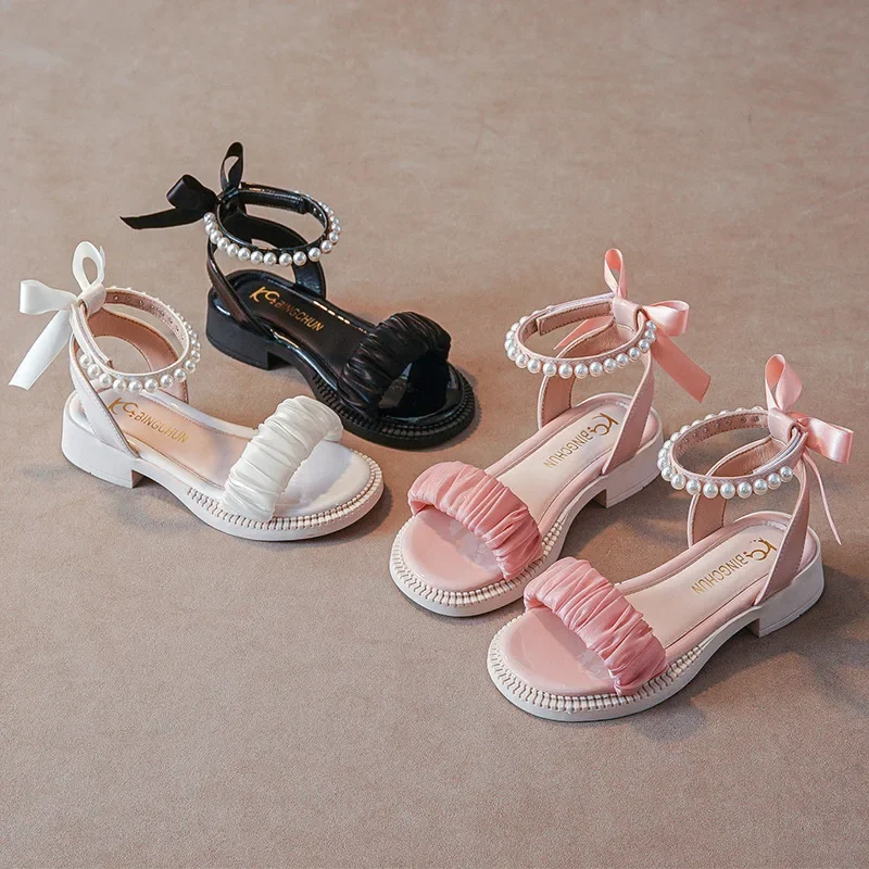 

Little Girl Sandal Summer Elegant Children Princess Pearl Roman Sandals Fashion Sweet Bowtie Kids Causal Flat Open-toe Sandals