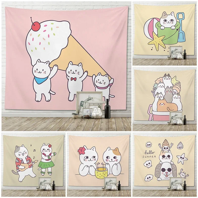 

Cute Funny Orange and White Cat Print Tapestry Wall Hanging Home Dorm Child Living Room Fashion Background Decor Cloth
