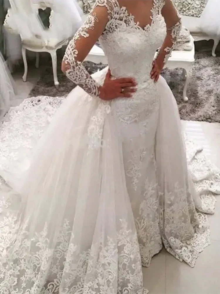 

Luxury White 2 in 1 Detachable Mermaid Wedding Dresses Lace Applique Saudi Arabia Long Sleeve Bridal Gown Dubai Vestido De Noiva