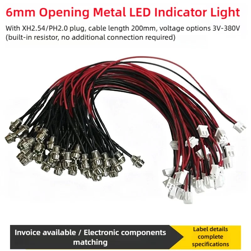 6MM PH2.0-2P ,Metal LED Indicator Light With Plug Hole,3V,5V,12V,220V,380V.Built-In Resistor,No Need To Connect Separately