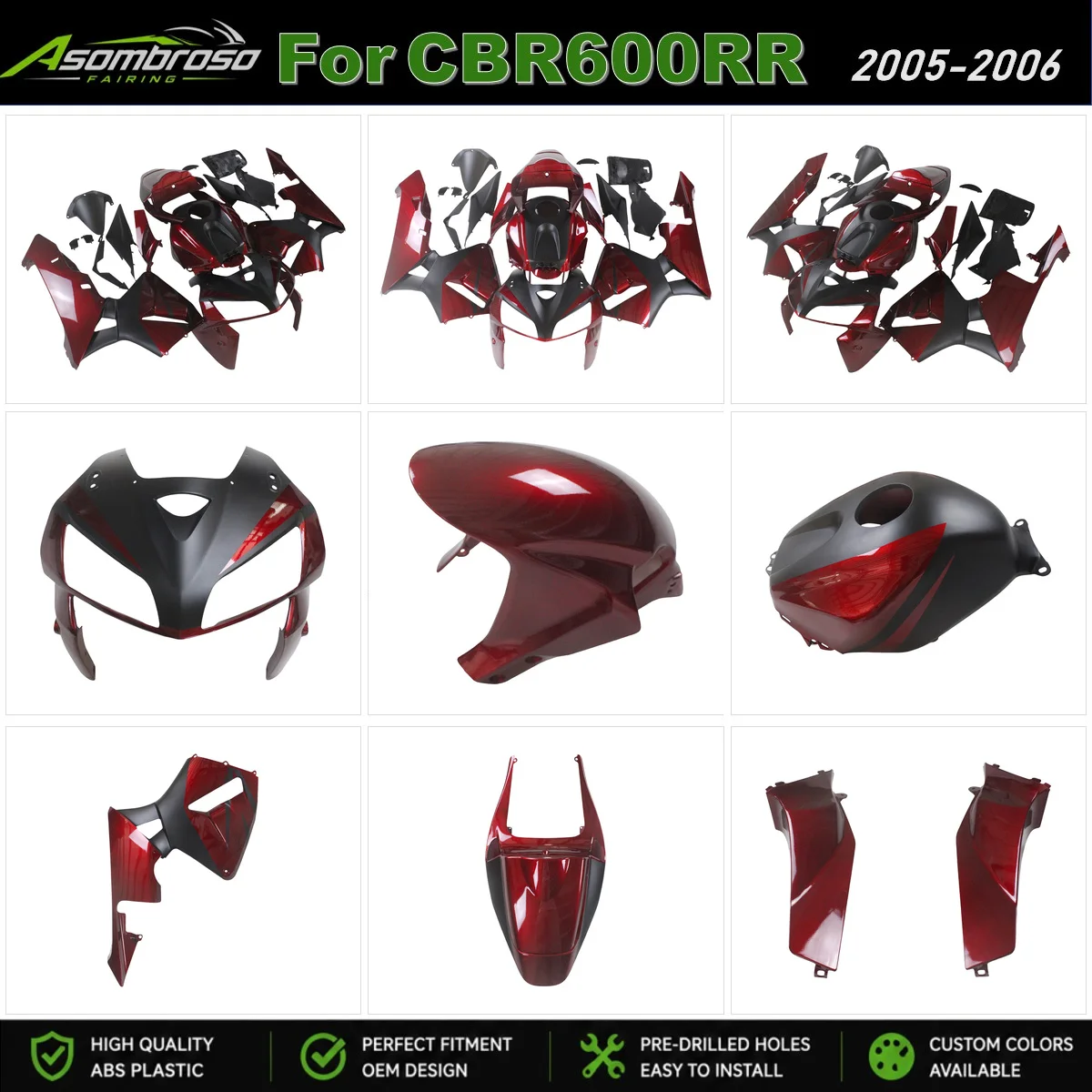 Sportbike-Teile Verkleidungsset für Honda CBR600RR 2005-2006 ABS Vollständiges Karosserie-Panel-Kit Glänzend |   Mattschwarz & Kirschrot