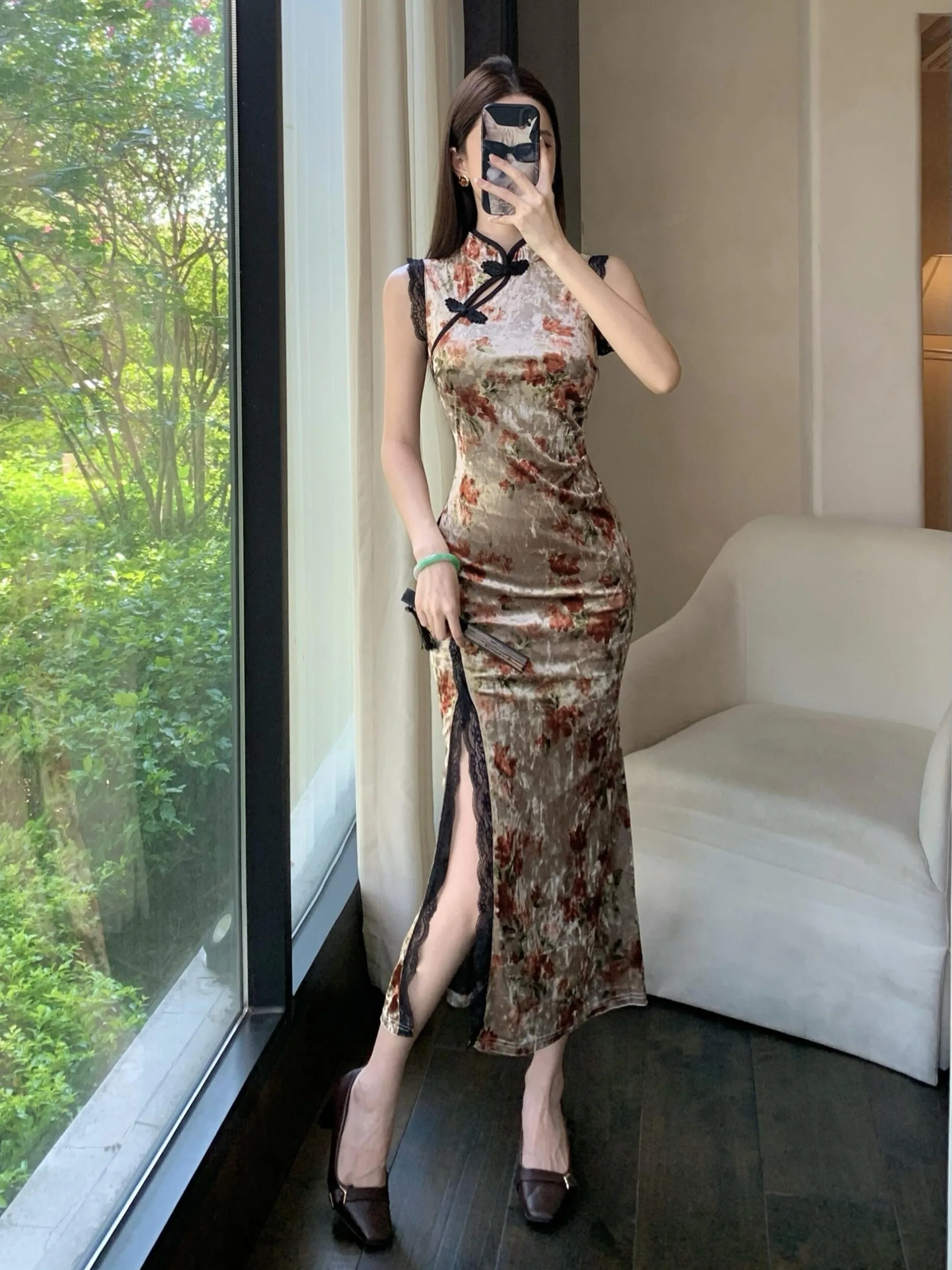 

Retro Chinese Sle Sexy Ele Long Qipao Dr Women's Slim Fit High Slit Bodycon Dr Velvet Material Daily Wear