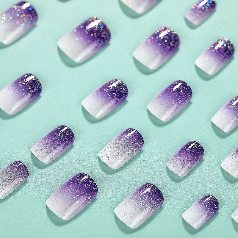 24 Pcs Adhesive False Nails Set with Glue Purple Gradient Fingernail Nail Tips Charms Nail Fake Manicure Set Press on Nails 2024