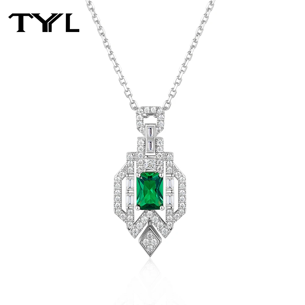 TYYL Lab Grown Emerald & Moissanite Necklace for Women Art Deco Geometric Pendant Wedding Party Daily Wear Vintage Fine Jewelry
