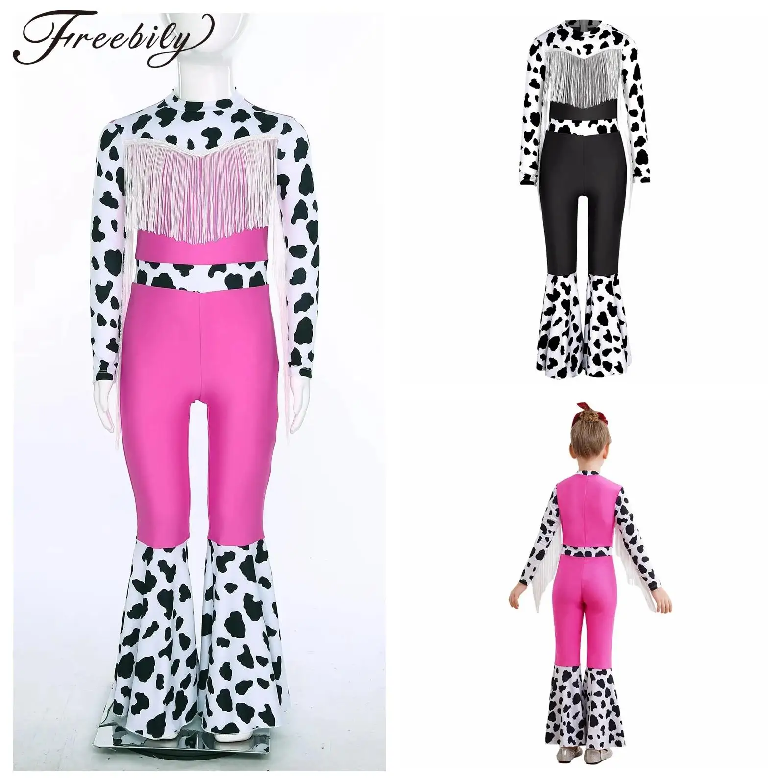 

Girls Western Cowgirl Costume Halloween Rave Festival Cosplay Cow Dress Up Metallic Jumpsuits Outfits Performance Outfits