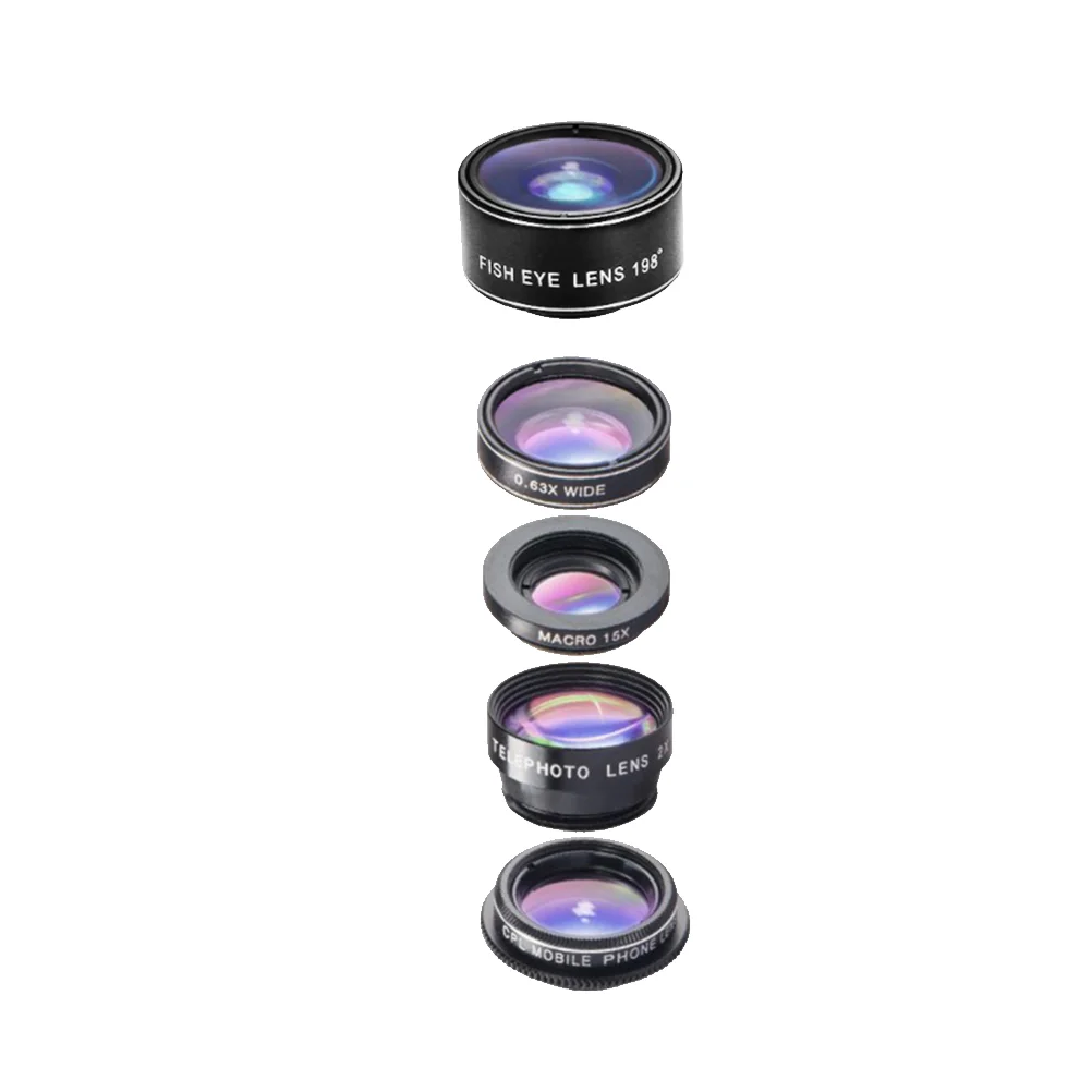 5 in 1 Cell Phone Camera Lens 198° Fish-eye Lens 063X Super Wide Angle Lens 15X Macro Lens 2X Teleconverter Lens Mobile Phone L