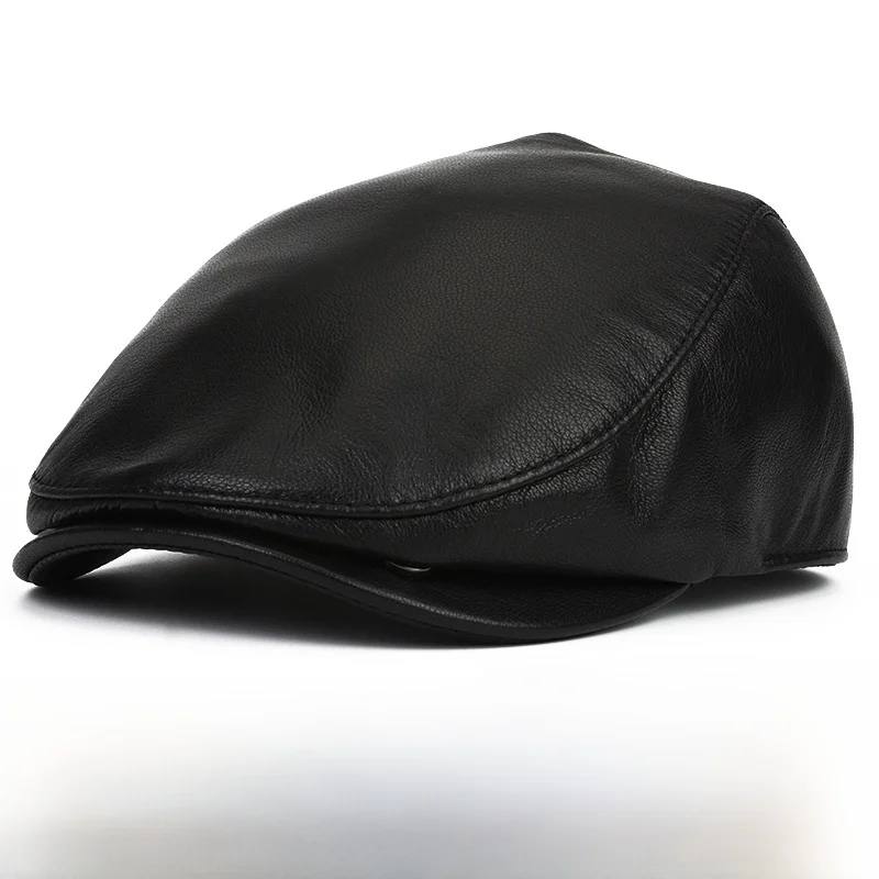 レザーメンズウィンターハット暖かい屋外耳保護多用途ショートブリムカジュアルスタイルラウンドトップレザーシープスキンキャップ