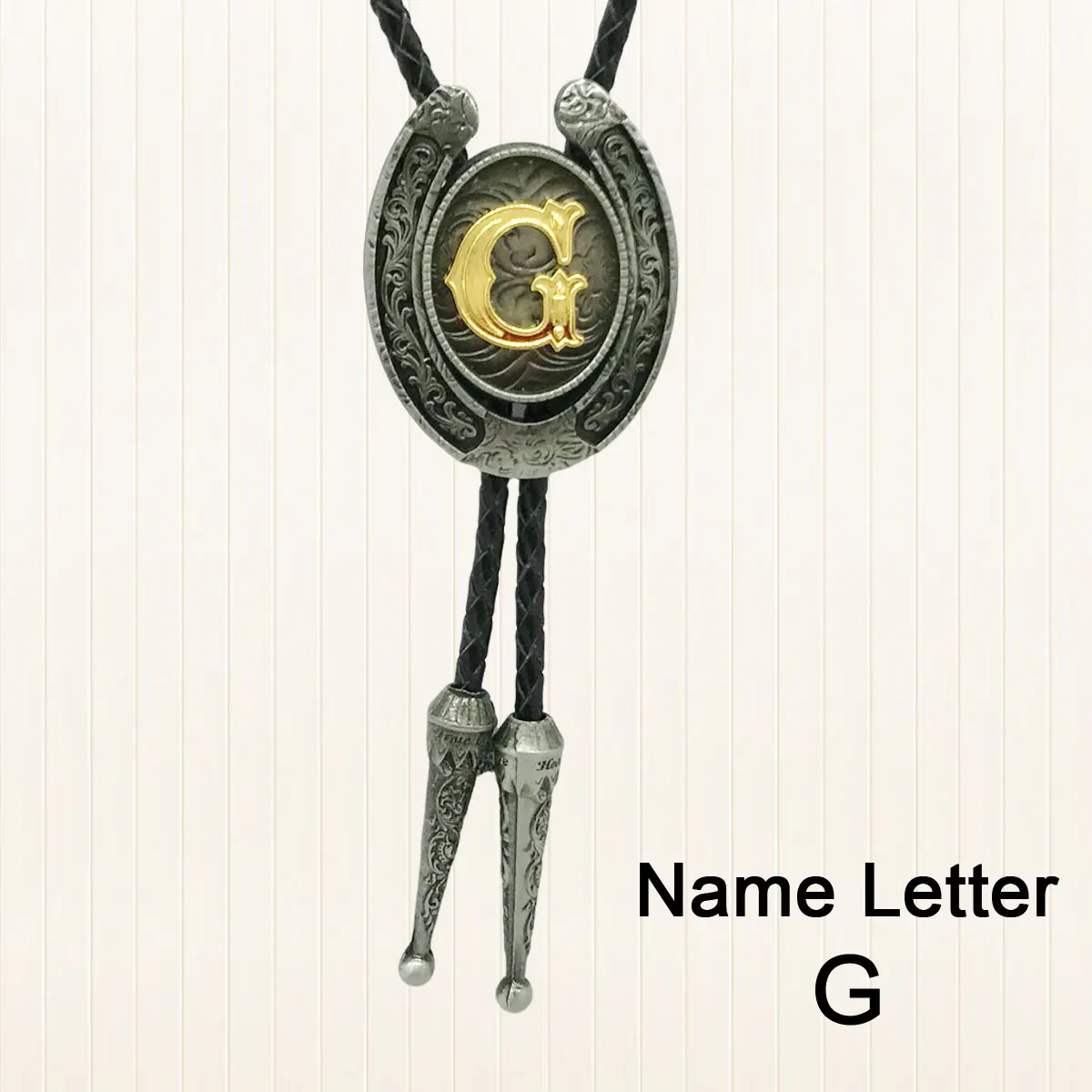 Vintage Engraved Horseshoe Bolo Tie Gold Initial Letter Western Cowboy Personalized Name Pendant Leather Rope Neck Tie for Men