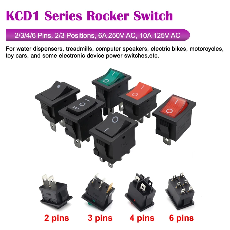 

1Pcs KCD1 Series Rocker Switch 2/3/4/6 Pin 2/3 Position 6A/250V 10A/125V AC 15mm x 21mm Push Button Boat Car Power Switches