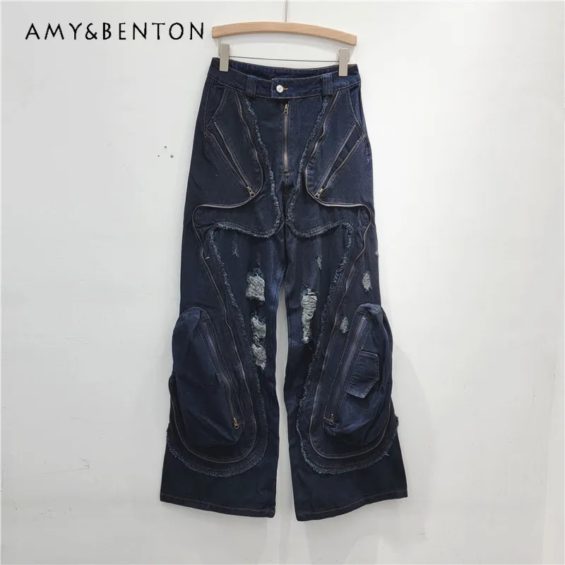 

American Street Design Deconstruction Pocket Heavy Industry Washed Make Old Ripped Burrs Tassels Straight Cargo Jeans Trousers