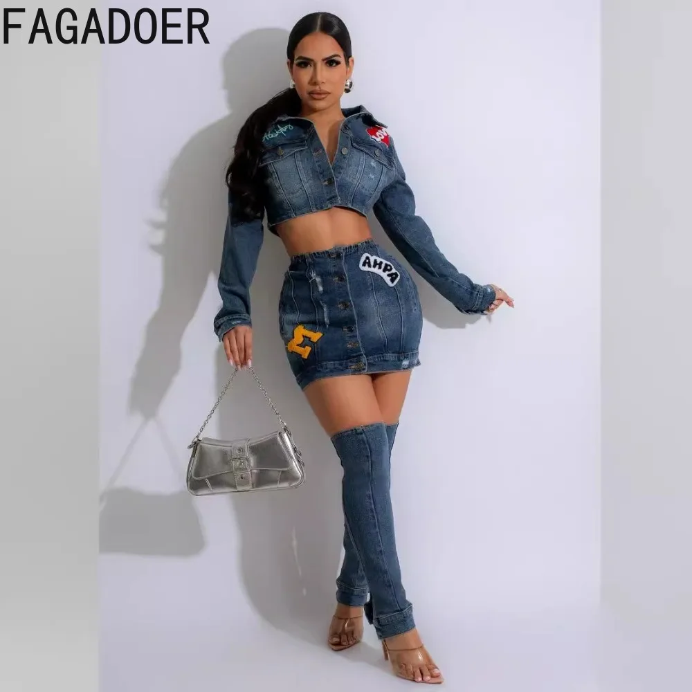 FAGADOER-Conjunto de dos piezas de mezclilla elástica bordada para mujer, Top corto de manga larga con cuello vuelto y falda Min