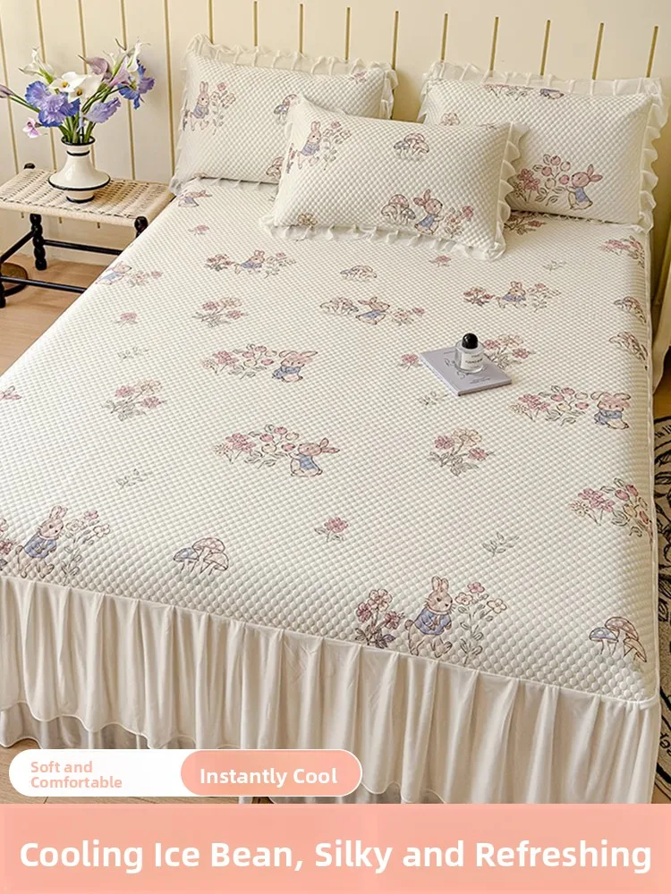 ice-bean-print-silk-bedding-three-piece-set-bed-skirt-style-summer-air-conditioned-cooling-mat-2025-new-design-universal-bedding