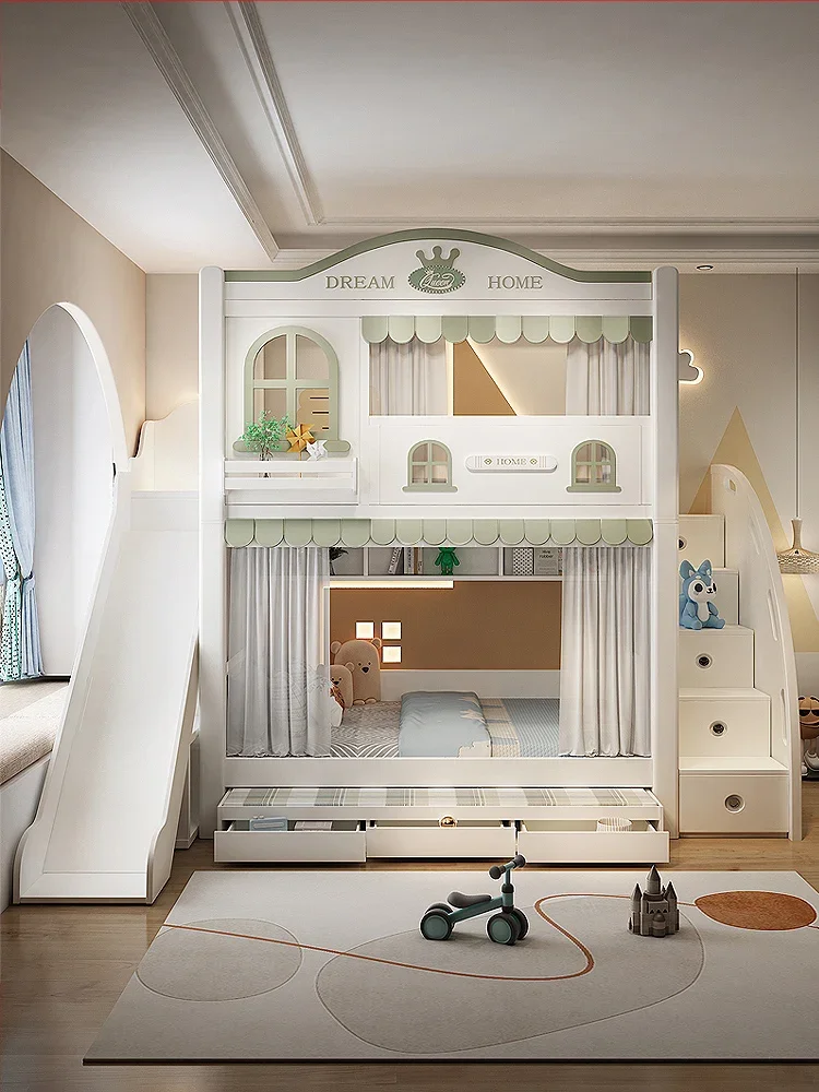 

Children's bed with double layered upper and lower bunks, high and low treehouse bed, mother bed with the same width above