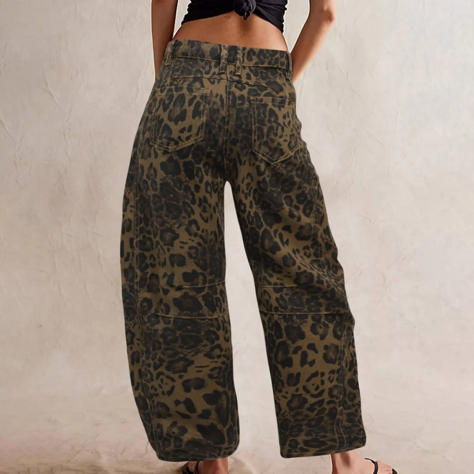 Leopard Printed Low Waisted Dressy Tube Shaped Jeans Women Loose Fit Versatile Street Denim Pants Business Casual Trousers